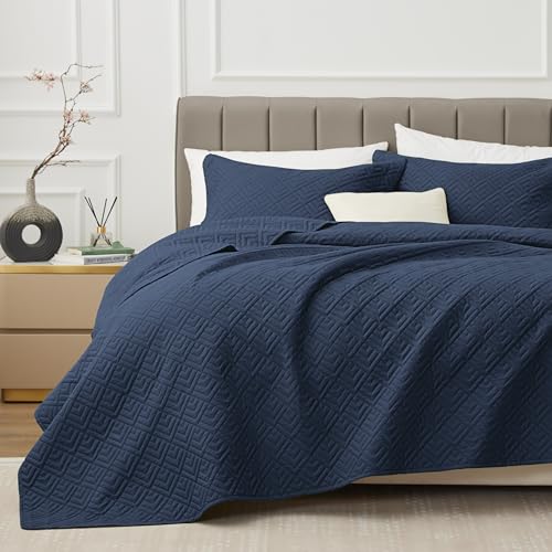 EXQ Home Quilt Set Full Queen Size Navy 3 PieceLightweight Soft Coverlet Modern Style Squares Pattern Bedspread Set1 Quilt2 Pillow Shams