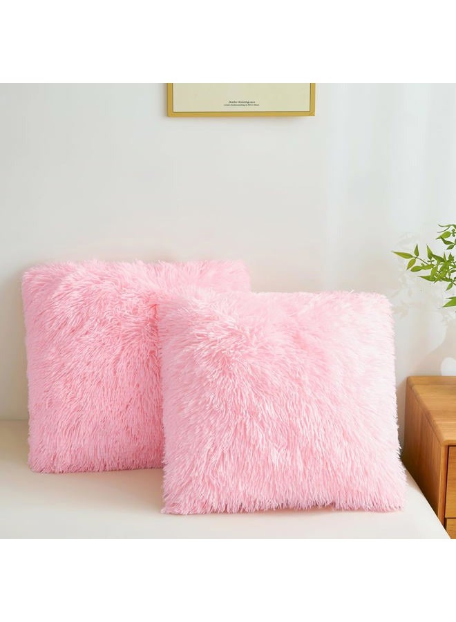 FOPPA Fluffy Throw Pillow Covers Pink 18"x18" Faux Fur Furry Cushion Covers Shaggy Plush Fuzzy Pillow Cases Decorative Pillow Shams with Zipper Set of 2 for Sofa Living Room Bedroom Interior - Image 2