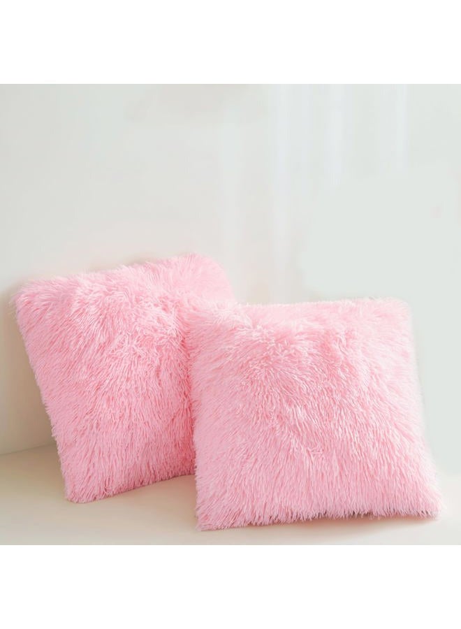 FOPPA Fluffy Throw Pillow Covers Pink 18"x18" Faux Fur Furry Cushion Covers Shaggy Plush Fuzzy Pillow Cases Decorative Pillow Shams with Zipper Set of 2 for Sofa Living Room Bedroom Interior - Image 1
