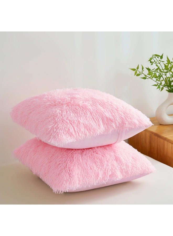 FOPPA Fluffy Throw Pillow Covers Pink 18"x18" Faux Fur Furry Cushion Covers Shaggy Plush Fuzzy Pillow Cases Decorative Pillow Shams with Zipper Set of 2 for Sofa Living Room Bedroom Interior - Image 4