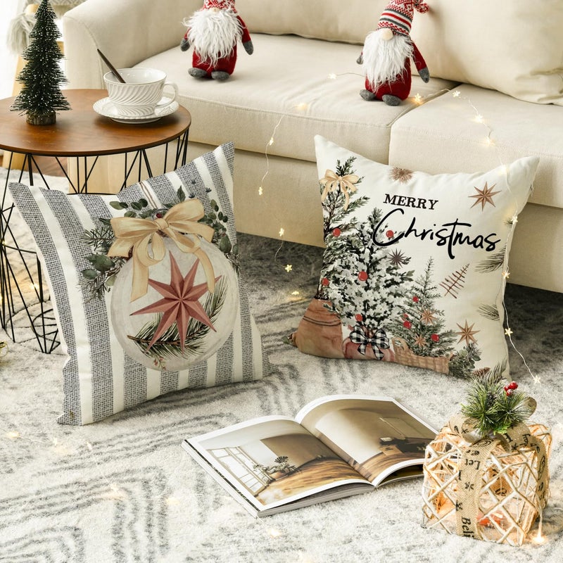 AVOIN colorlife AVOIN colorlife Merry Christmas Balls Eucalyptus Holly Berries Gloves Throw Pillow Covers  16 x 16 Inch Xmas Winter Holiday Grey Stripes Cushion Case Decoration for Sofa Couch Set of 4  - Image 4