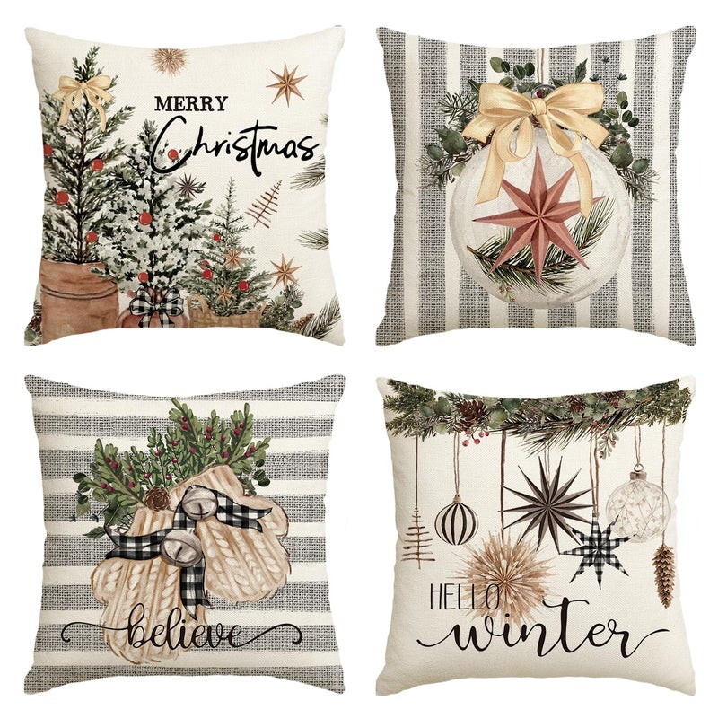 AVOIN colorlife AVOIN colorlife Merry Christmas Balls Eucalyptus Holly Berries Gloves Throw Pillow Covers  16 x 16 Inch Xmas Winter Holiday Grey Stripes Cushion Case Decoration for Sofa Couch Set of 4  - Image 1
