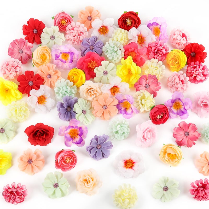 ATTGREAT Fake Flower Heads Mini Silk Flowrs Bulk Small Flower 3D Loose Faux Daisy Rose Sunflowers Plum Blossoms Craft for Wedding Party Cake Baby Shower Home Decor, 110Pcs(Multicolor) - Image 1