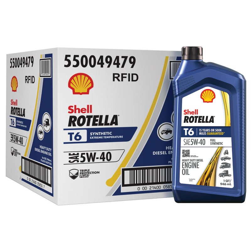 Shell Rotella T6 Full Synthetic 5W-40 Diesel Engine Oil, 1 Quart (6 Pack) - Image 1