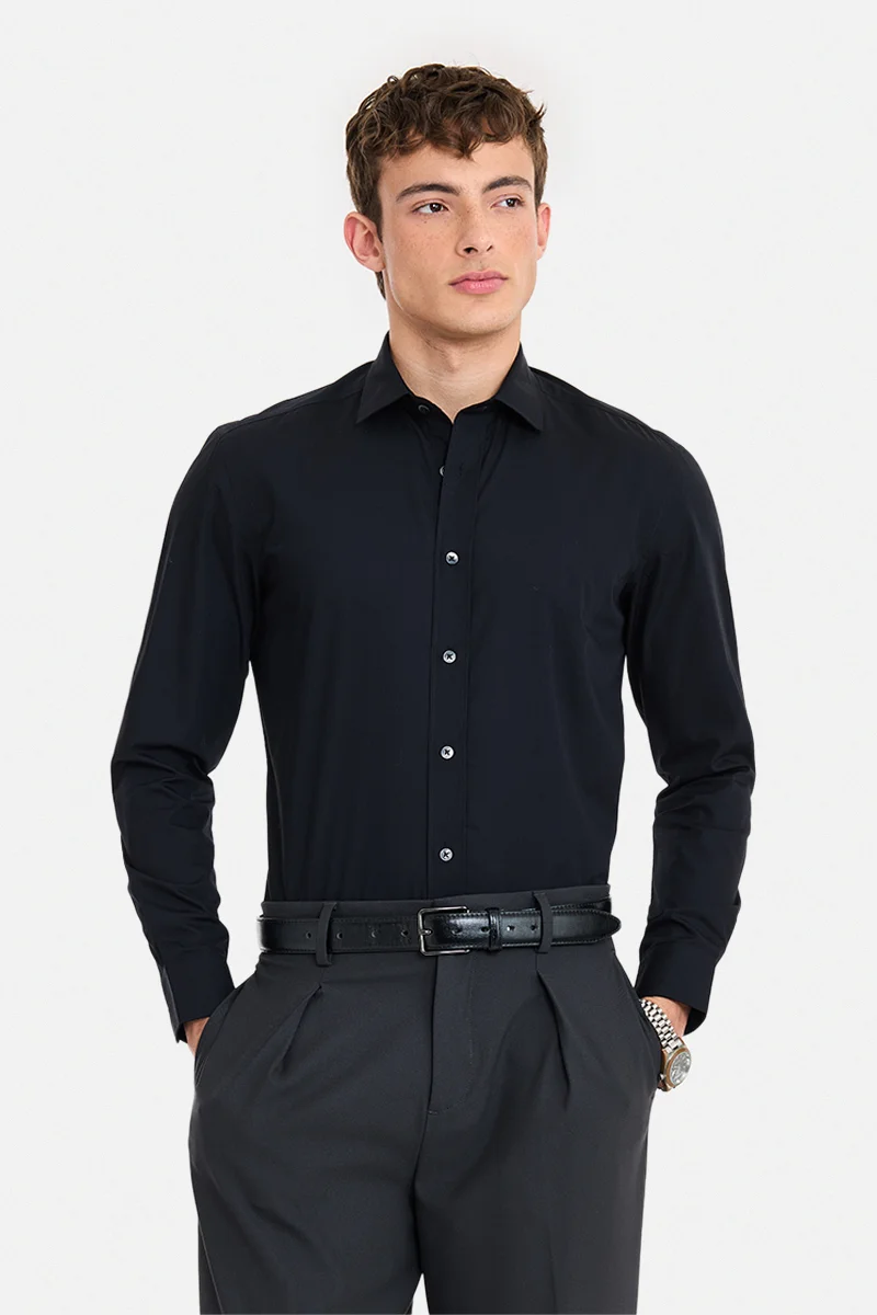 SNITCH Black Solid Long Sleeve Regular Fit Shirt