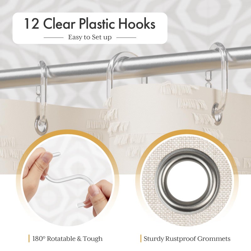 AmazerBath Boho Farmhouse Shower Curtain with Tassels, Beige Shower Curtain Set Fabric, Soft Cloth Chevron Rustic Shower Curtain with Hooks, Hotel Quality, 72x72 Inches - Image 4