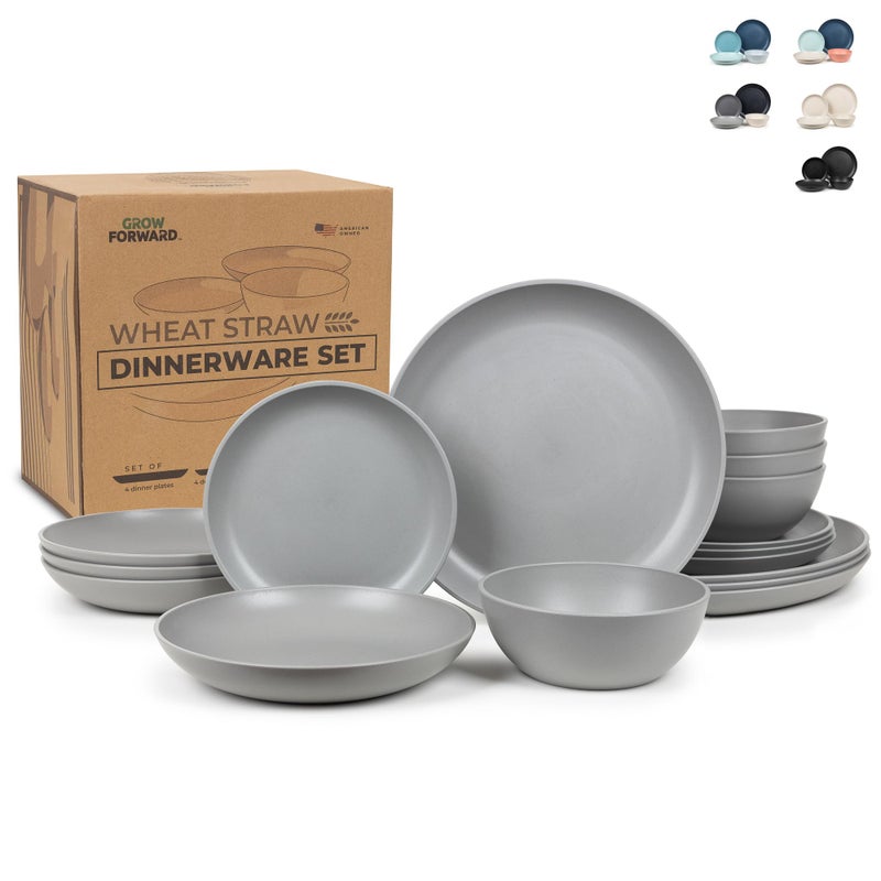 Grow Forward 16piece Premium Wheat Straw Dinnerware Sets for 4  Unbreakable Dishwasher  Microwave Safe Plastic Plates and Bowls Sets  Patio Outdoors RV Camping Dishes  Feather