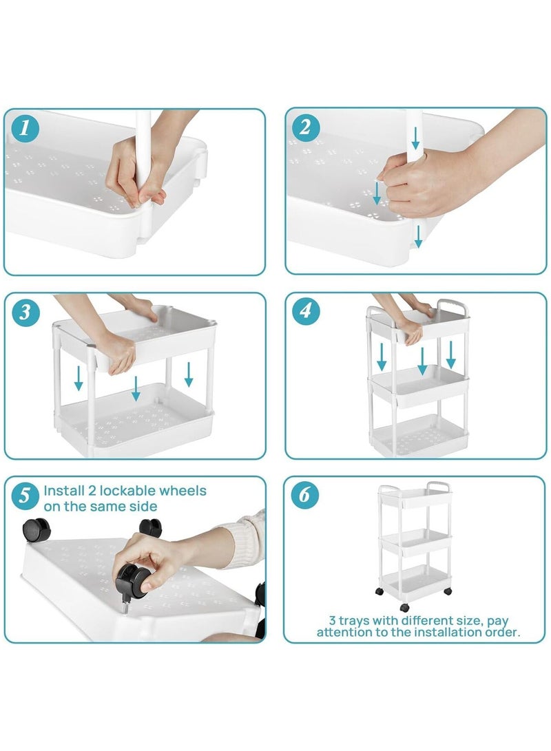 عربة دوارة بعجلات قابلة للقفل، أرفف تخزين متعددة الوظائف بمقبض، وحدة رفوف متنقلة، منظم تخزين للمطبخ للحمام وغرفة الغسيل وغرفة المعيشة (أبيض، 4 طبقات) - Image 4