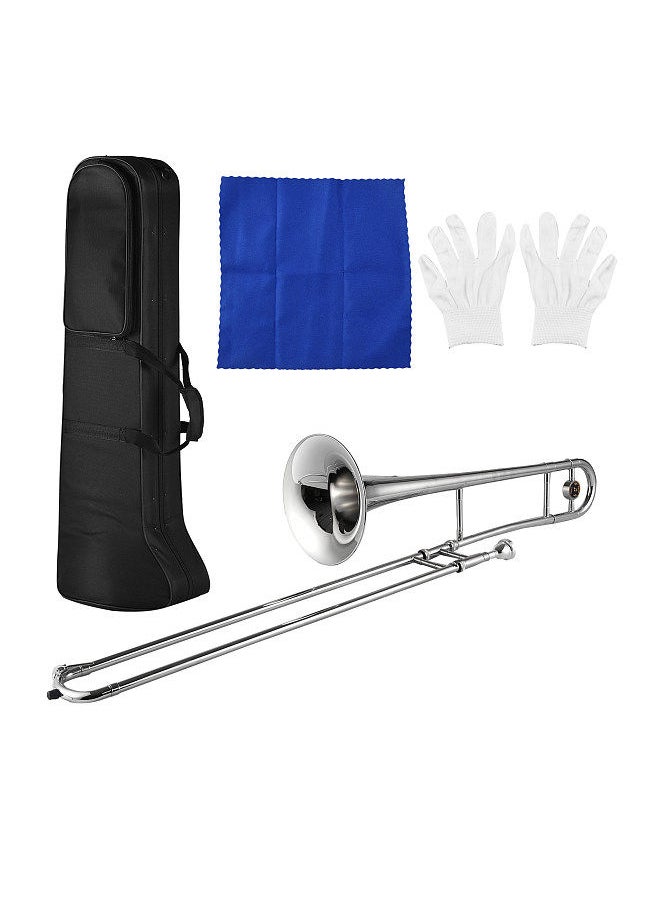 Generic - silver trumpet alto trombone brass bb tone b flat wind instrument with cupronickel mouthpiece cleaning stick case - Image 1