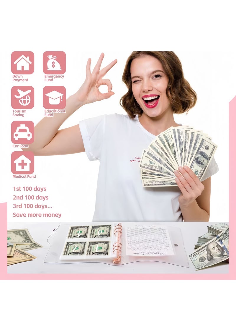 100 Envelope Savings Challenge, A5 Budget Planner with Challenger Tracker and Pre-numbered Pockets, Money Challenge Savings Book, Budget Binder Savings Book, Ring Binder A5 Pink