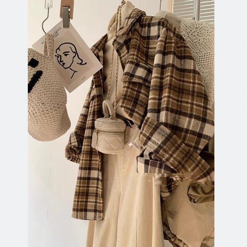 Chic Plaid Wool-Blend Womens Shirt Coffee grid [follow the store to give small gifts] 