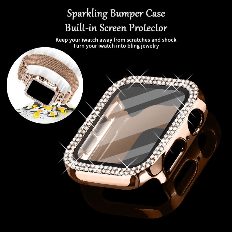 Joyozy Magnetic Band Compatible with Apple Watch Band 38mm 40mm 41mm 42mm 44mm 45mm 46mm Milanese Strap with Bling Case and Screen Protector, Dressy Stainless Steel iWatch Loop for Women (Rose Gold 40mm) - Image 2