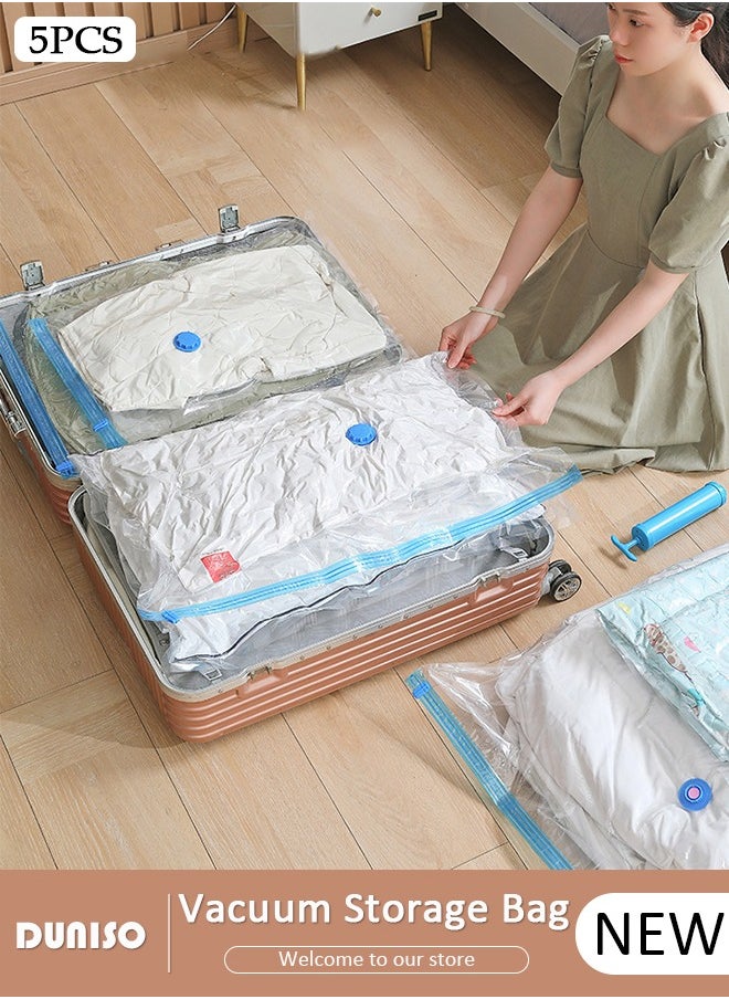 DUNISO 5 PCS Vacuum Storage Bag with Handle Pump, Reusable Travel Vacuum Sealer Bags, Compression Airtight Sealer Bags with Seal Special-Grip Clip, Space Saver Compression Bags for Clothes, Mattress, Blanket, Duvets, Pillows, Comforters, Quilt  - Image 1