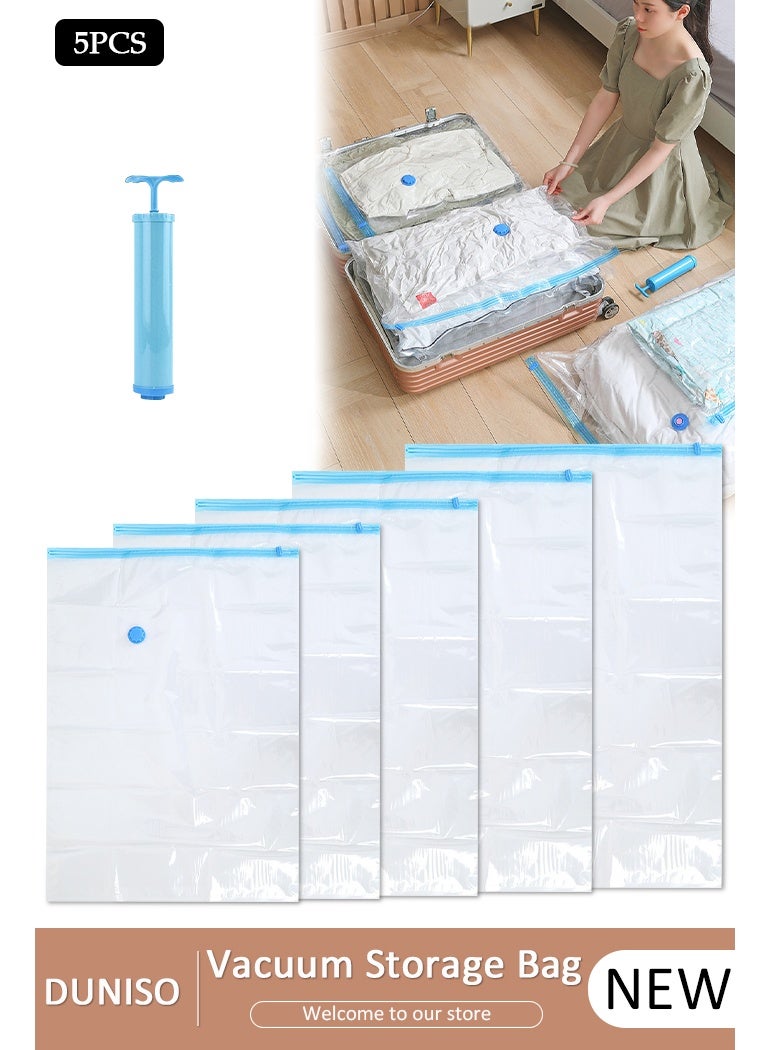 DUNISO 5 PCS Vacuum Storage Bag with Handle Pump, Reusable Travel Vacuum Sealer Bags, Compression Airtight Sealer Bags with Seal Special-Grip Clip, Space Saver Compression Bags for Clothes, Mattress, Blanket, Duvets, Pillows, Comforters, Quilt - Image 1