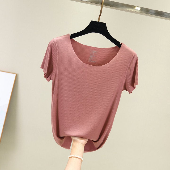 Spring and Summer Seamless Base Womens Slim-fit Solid Color Thin Cotton Round Neck Short-sleeved T-shirt Large Size Thin Thread T-shirt Lotus root starch 