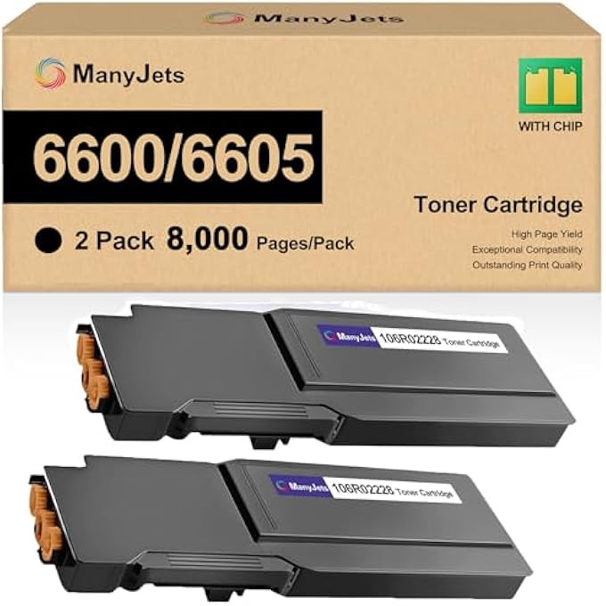106R02228 خرطوشة حبر أسود عالية الإنتاجية بديلة لطابعات زيروكس فايزر 6600/6600N/6600DN وورك سنتر 6605/6605N/6605DN | إنتاجية 8,000 صفحة | خرطوشة حبر 6600 موثوقة (عبوة 2، أسود) - Image 1