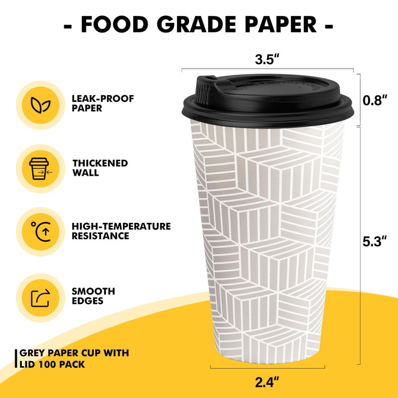 RACETOP 16 oz Disposable Coffee Cups with Lids 100 Pack, Grey Paper Coffee Cups with Lids, To Go Cup with Lid - Image 2
