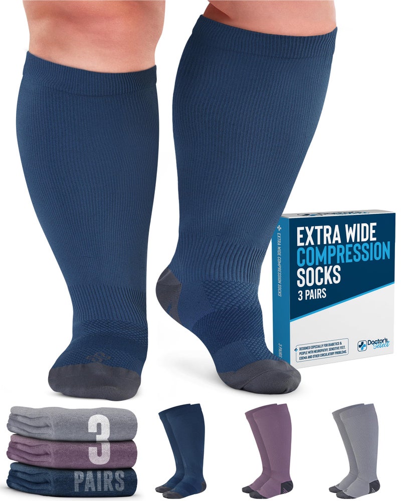 Doctor's Select 3 Pairs Plus Size Compression Socks Wide Calf - Up to 6XL | 20-30 mmHg Compression Socks for Women Wide Calf | Gray, Light Blue, Rose - Image 1
