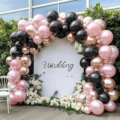 feilebalon Pink Black Balloon Arch Kit Double Stuffed Pastel Pearl Baby Pink Balloon Garland with Champagne Rose Gold Balloons for Birthday Bridal Baby Shower Wedding Graduation Party Decoration - Image 1