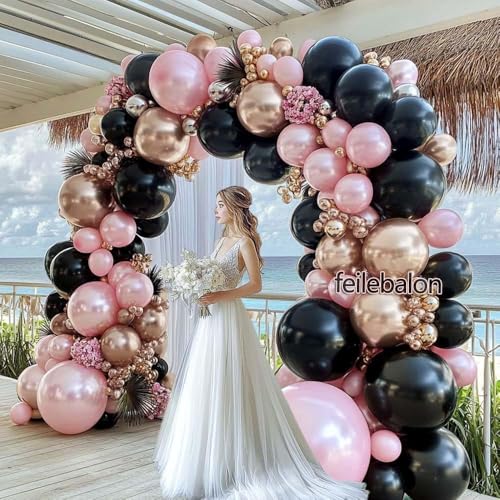 feilebalon Pink Black Balloon Arch Kit Double Stuffed Pastel Pearl Baby Pink Balloon Garland with Champagne Rose Gold Balloons for Birthday Bridal Baby Shower Wedding Graduation Party Decoration - Image 5