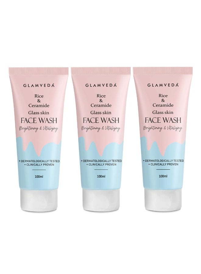 Glamveda Korean Rice & Ceramide  Face Wash  (Pack of 3,100ml) | Face Cleanser| Hydrated & Even Skin Tone | Glowing & Brightening - Image 1