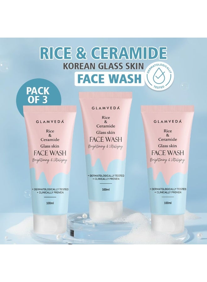 Glamveda Korean Rice & Ceramide  Face Wash  (Pack of 3,100ml) | Face Cleanser| Hydrated & Even Skin Tone | Glowing & Brightening - Image 2