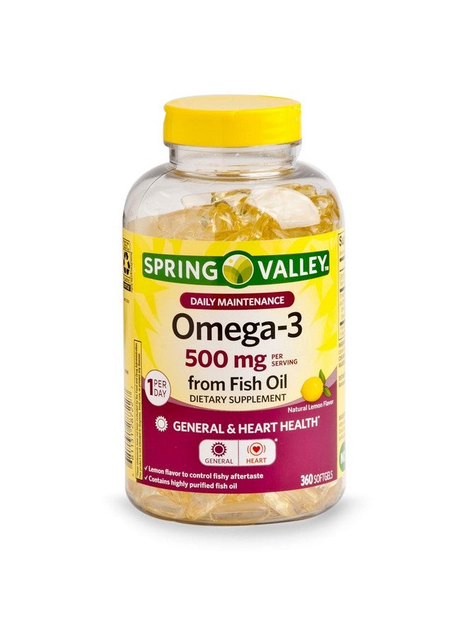 SPRING VALLEY سبرينغ فالي أوميغا-3 500 ملغ من زيت السمك لصحة القلب، ليمون، 360 كبسولة لينة - Image 1