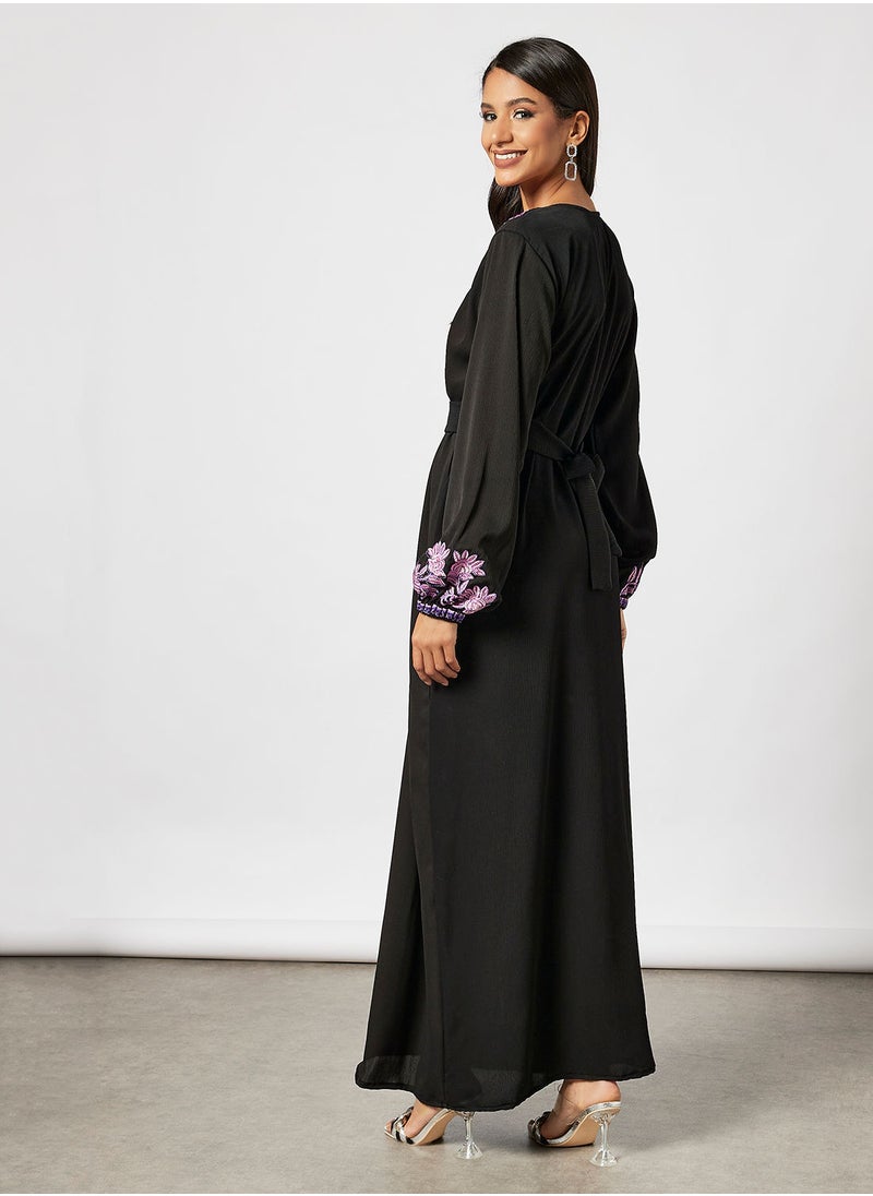 Hayat - Jalabiya With Floral Embroidery In Garterised Sleeves With Belt - Image 1