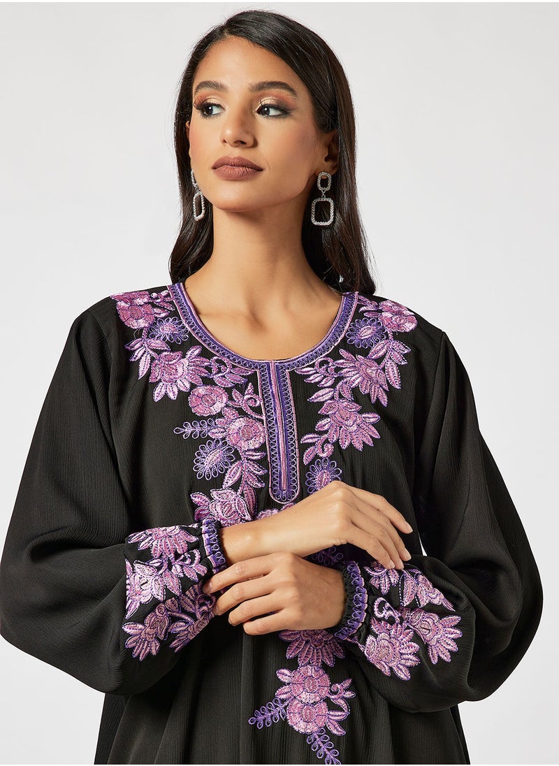 Hayat - Jalabiya With Floral Embroidery In Garterised Sleeves With Belt - Image 1