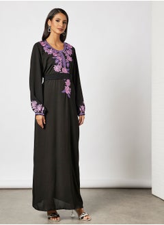 Jalabiya With Floral Embroidery In Garterised Sleeves With Belt