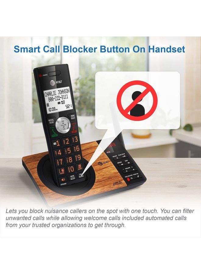 AT&T هاتف لاسلكي DECT 6.0 مع جهاز رد آلي و2 سماعة منزلية، حجب المكالمات، إعلان هوية المتصل، إنتركم ونطاق طويل، أسود وبتشطيب خشبي - Image 4