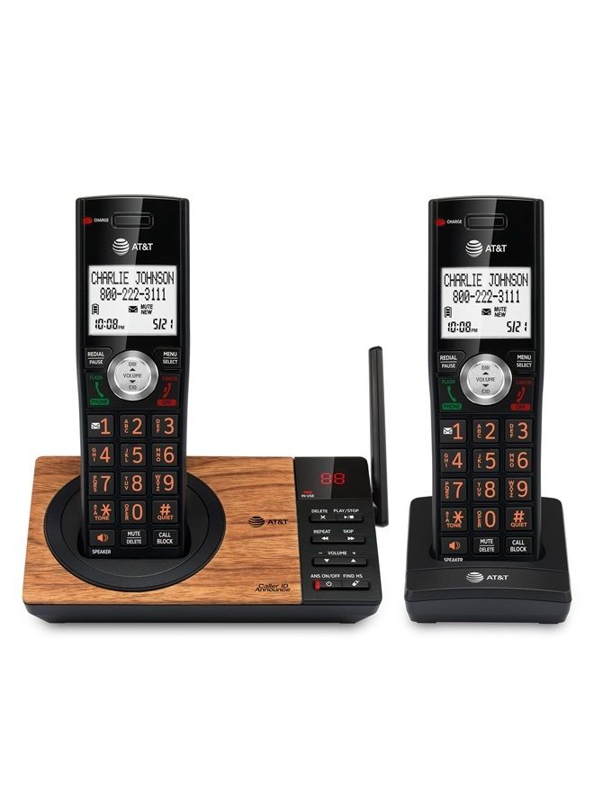 AT&T هاتف لاسلكي DECT 6.0 مع جهاز رد آلي و2 سماعة منزلية، حجب المكالمات، إعلان هوية المتصل، إنتركم ونطاق طويل، أسود وبتشطيب خشبي - Image 1