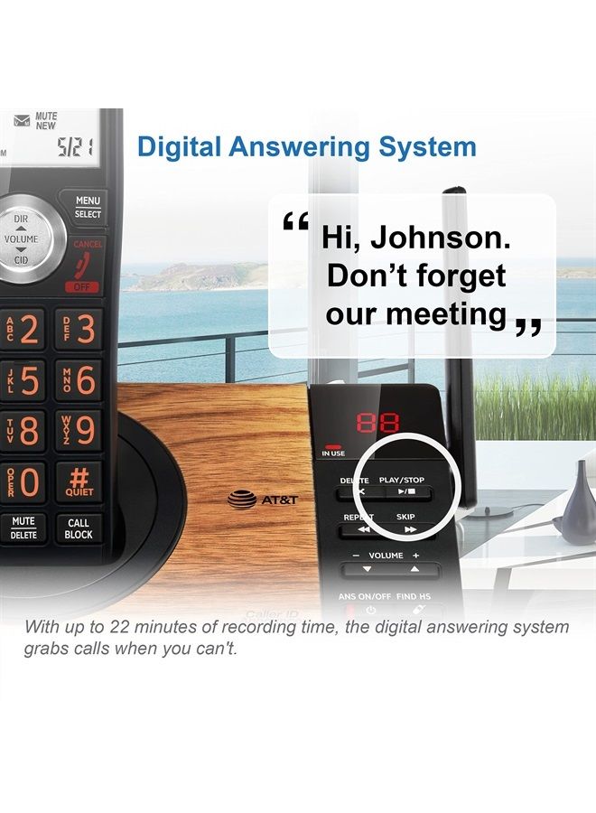 AT&T هاتف لاسلكي DECT 6.0 مع جهاز رد آلي و2 سماعة منزلية، حجب المكالمات، إعلان هوية المتصل، إنتركم ونطاق طويل، أسود وبتشطيب خشبي - Image 3