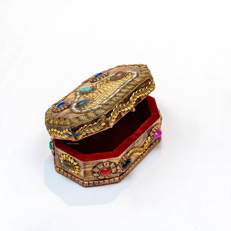 Novitson Le Prismaura – Handcrafted Natural Material Artifact Jewel Box | Textured Exterior, Gemstone Inlay, Velvet Interior | Artisan Keepsake & Collector's Art - Image 3
