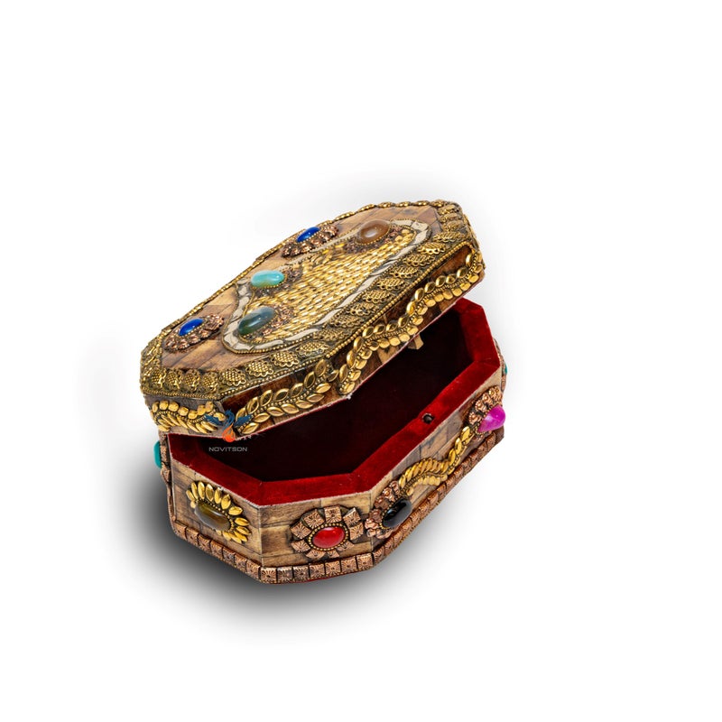Novitson Le Prismaura – Handcrafted Natural Material Artifact Jewel Box | Textured Exterior, Gemstone Inlay, Velvet Interior | Artisan Keepsake & Collector's Art - Image 1