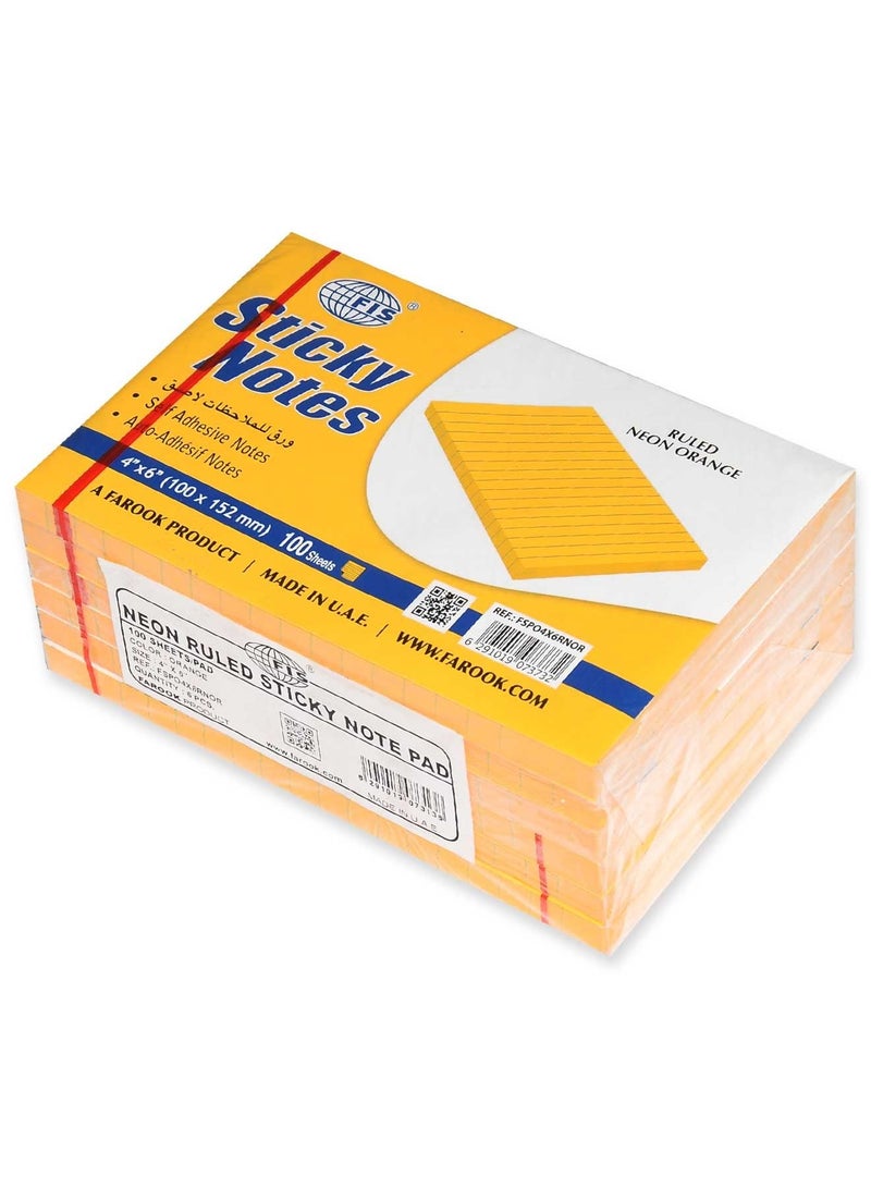FIS Sticky Note Pad, 4X6 inches, Pack of 6, Ruled Neon Orange -FSPO4X6RNOR - Image 1