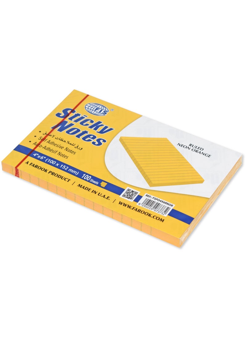 FIS Sticky Note Pad, 4X6 inches, Pack of 6, Ruled Neon Orange -FSPO4X6RNOR - Image 2