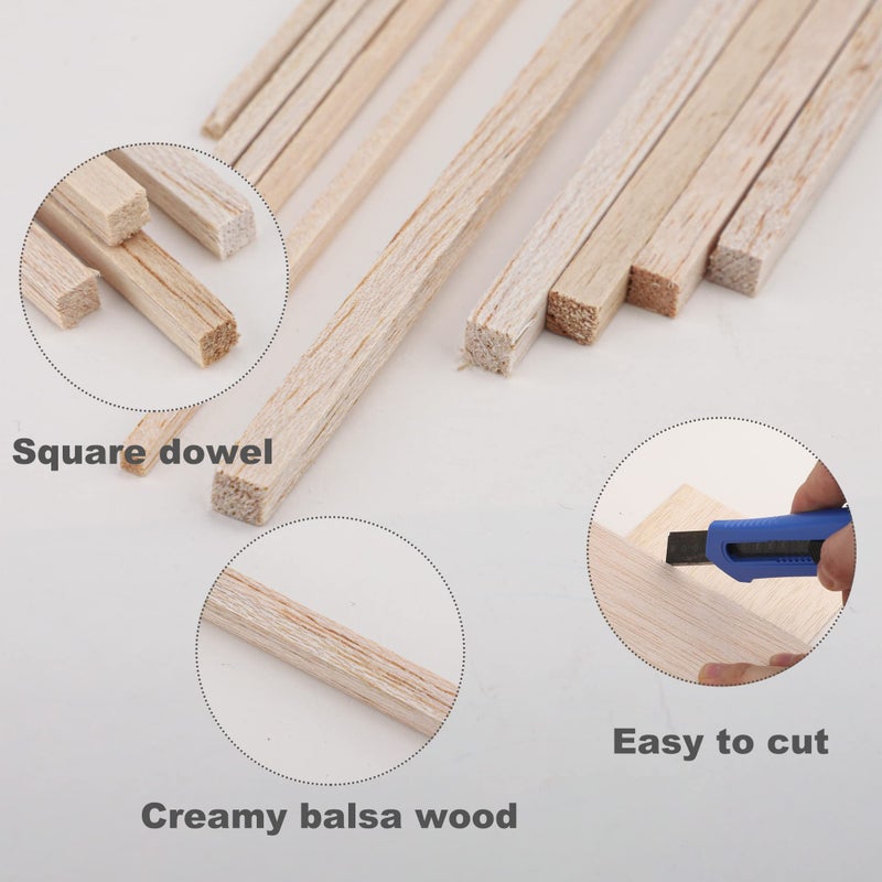 peony man 150 Pieces Balsa Wood Sticks Hardwood Square Wooden Craft Dowel Rods Unfinished Balsa Wood Sheets 12" Thin Wooden Strips 1/4 Inch 1/8 Inch for Crafts DIY Projects Models Making Supplies - Image 4