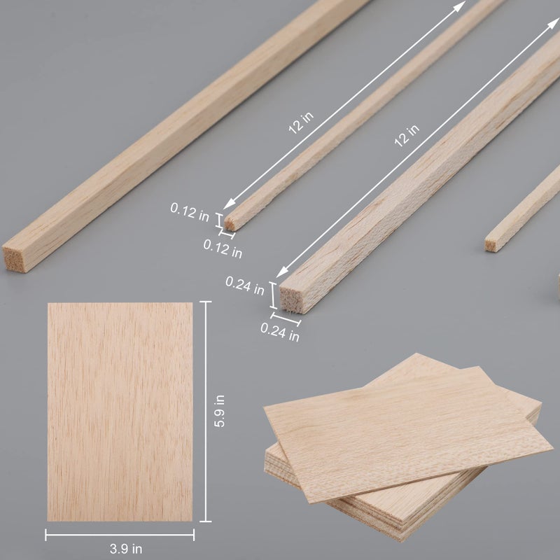 peony man 150 Pieces Balsa Wood Sticks Hardwood Square Wooden Craft Dowel Rods Unfinished Balsa Wood Sheets 12" Thin Wooden Strips 1/4 Inch 1/8 Inch for Crafts DIY Projects Models Making Supplies - Image 2