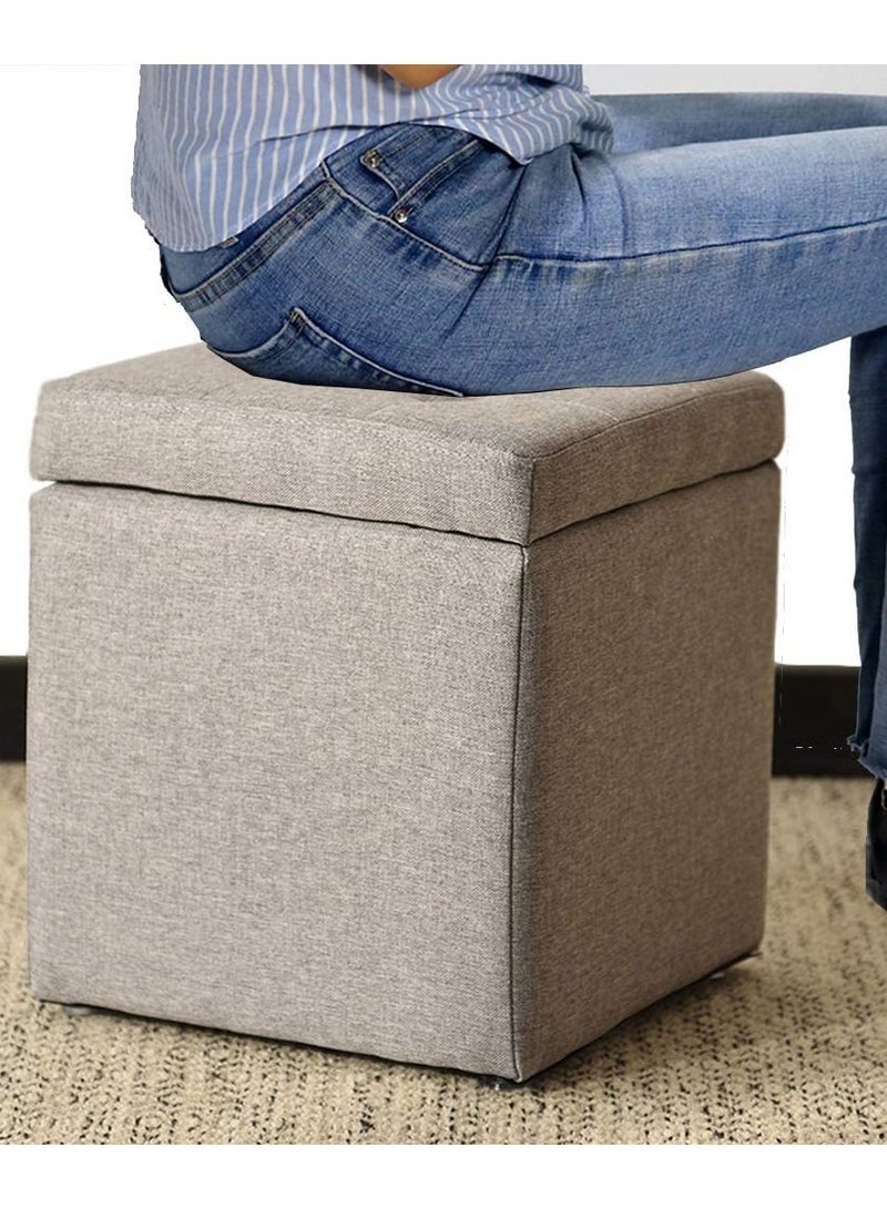 LINGWEI Ottoman Toy Box Square Linen Foot Stool Chair Folding Storage Sofa Stool  - Image 2