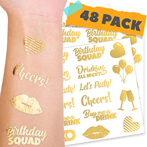 CORRURE Gold Metallic Party Tattoos  48pcs Birthday Squad  Flash  Temporary Styles for Girls  Men  Perfect for 18th 21st  Any Adult Bday