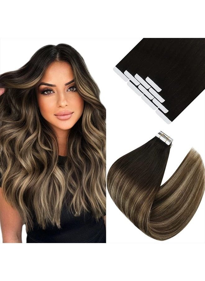 Ve Sunny Tape in Hair Extensions Human Hair Black Ombre VeSunny Dark Brown Mix Ash Brown Real Hair Extensions Tape in Human Hair Black Tape in Ombre Hair Extensions Short Hair for Women 20g 10pcs 12"  - Image 1