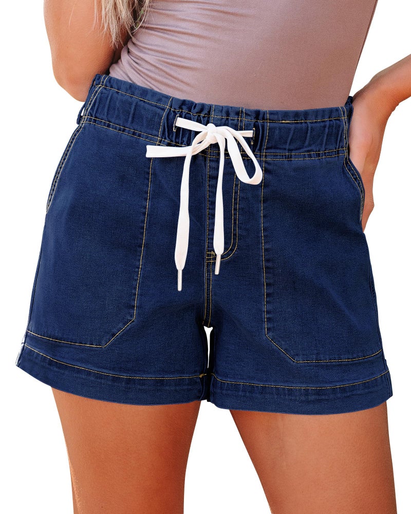 luvamia Womens Denim Shorts High Waisted Jean Stretchy 4 Inch Inseam Stretch Jorts Elastic Waist Jean Shorts Women Darkness Blue Size Medium US 8 to 10 - Image 1