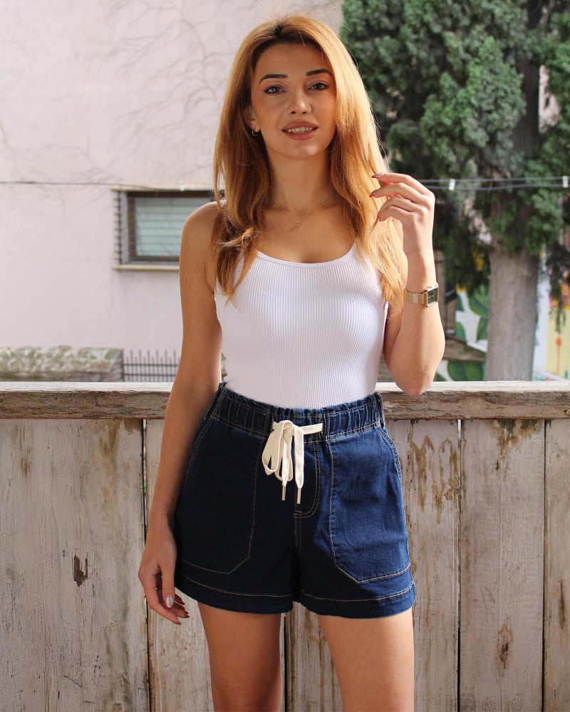 luvamia Womens Denim Shorts High Waisted Jean Stretchy 4 Inch Inseam Stretch Jorts Elastic Waist Jean Shorts Women Darkness Blue Size Medium US 8 to 10 - Image 4