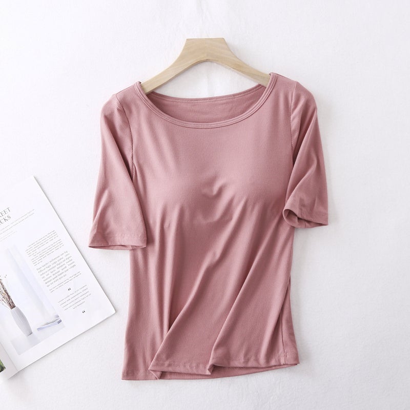 Summer Women with Chest Pad Thread Five-point Sleeve Free Bra Cup One-piece Half Sleeve Yoga Sports Outer Wear Base T-shirt Dou Sha Red 