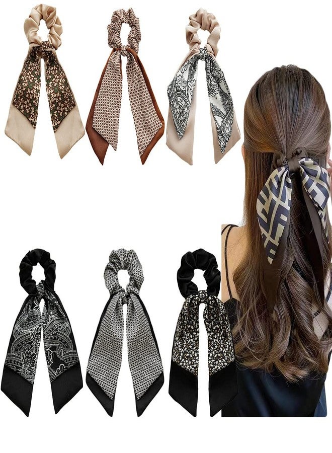 DINPREY Bandana Hair Scrunchies with Ribbon Bow Scarf Scrunchies for Women, Elegant Floral Hair Ties Plaid Scarf Scrunchies (6 PCS Double Layer) - Image 1