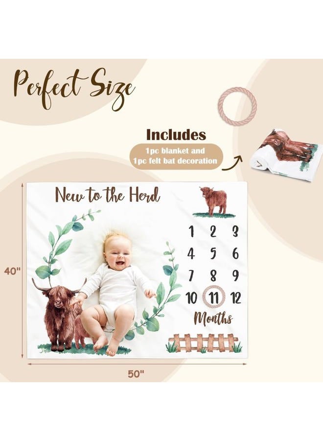 Gicoherero Highland Cow Baby Monthly Milestone Blanket Scotland Photo Prop Month Blanket Growth Chart Gift Ideas for Newborn Boy Girl Nursery Décor Baby Shower 40" X 50" - Image 2