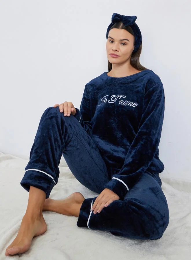Styli Fleece Contrast Piped Top, Headband and Pyjama Set