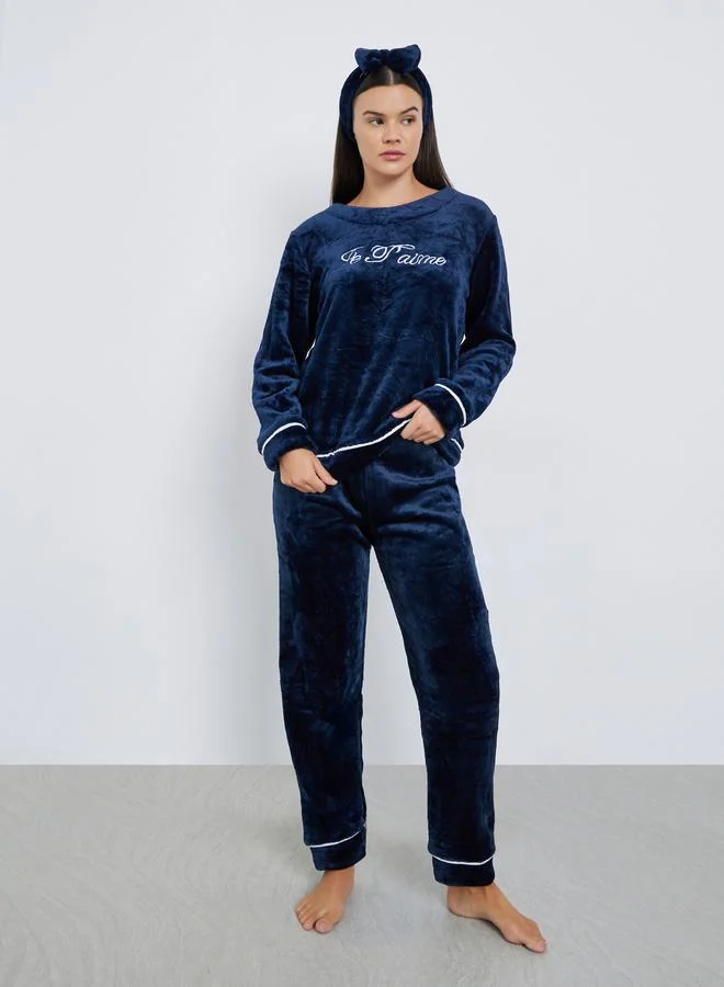 Styli Fleece Contrast Piped Top, Headband and Pyjama Set