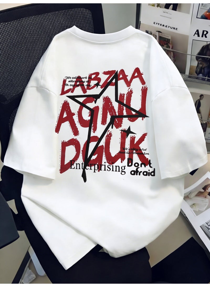 Men's Oversized T-Shirt White Drop Shoulder Short Sleeve Crew Neck Red Star Graphic Print Streetwear Tee T Shirt For Men - Image 3
